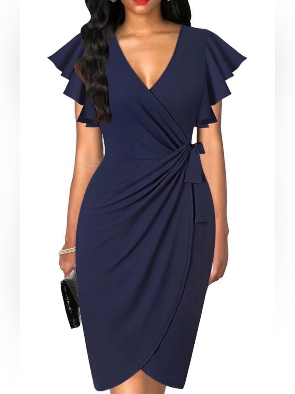 Women’s Oten Deep V Neck Faux Wrap Dress, Navy Blue, Large